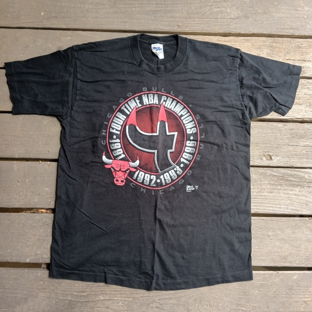 Vintage Pro Player Chicago Bulls 4 Time Champions Black T Shirt Mens Size XL